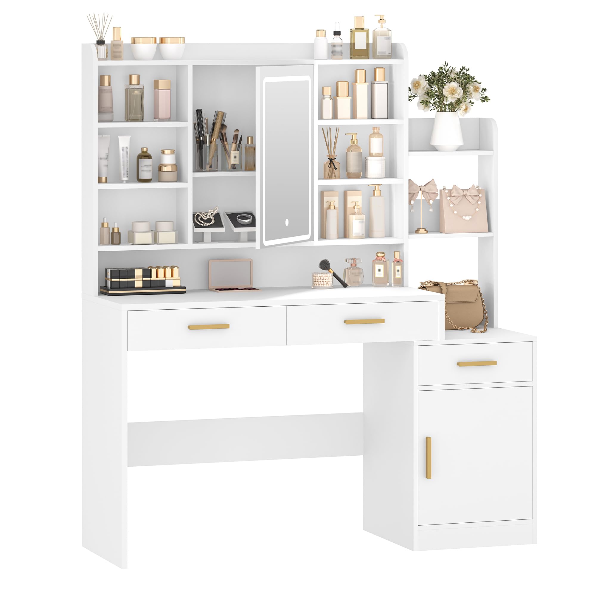 Hzuaneri Toeletta da Trucco, Ampio Piano d'appoggio con Specchio e Luce LED Regolabile, 3 Cassetti e 1 Armadietto, Ripiani Aperti a Più Livelli, per Camera da Letto, Guardaroba, Bianco DT39103X
