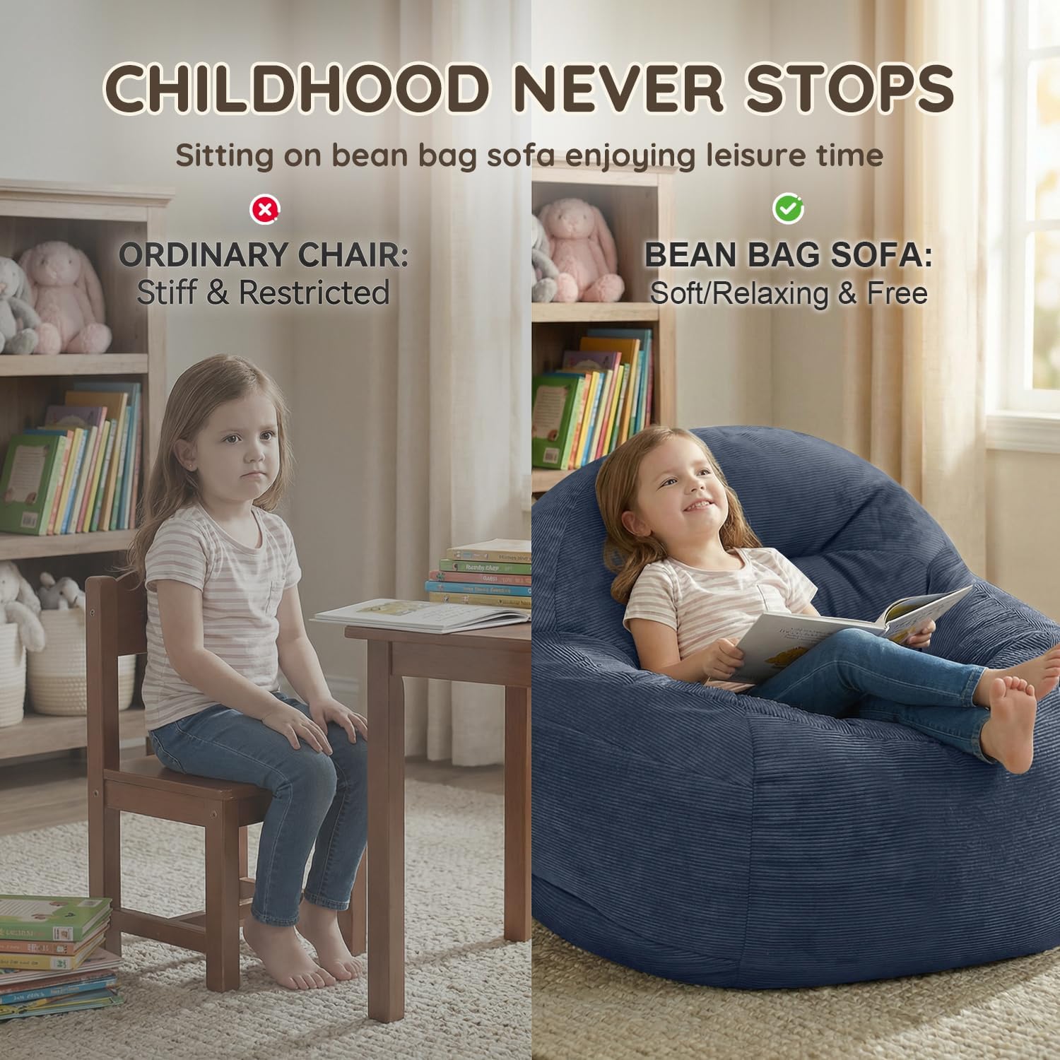 Bean Bag Chair for Kids/Teens with Armrests,3FT Round Memory Foam Filled Bean Bag,33'D'×33.5'W'×24'H',for Bedroom,Living Room,Reading,Dorm,Navy Blue