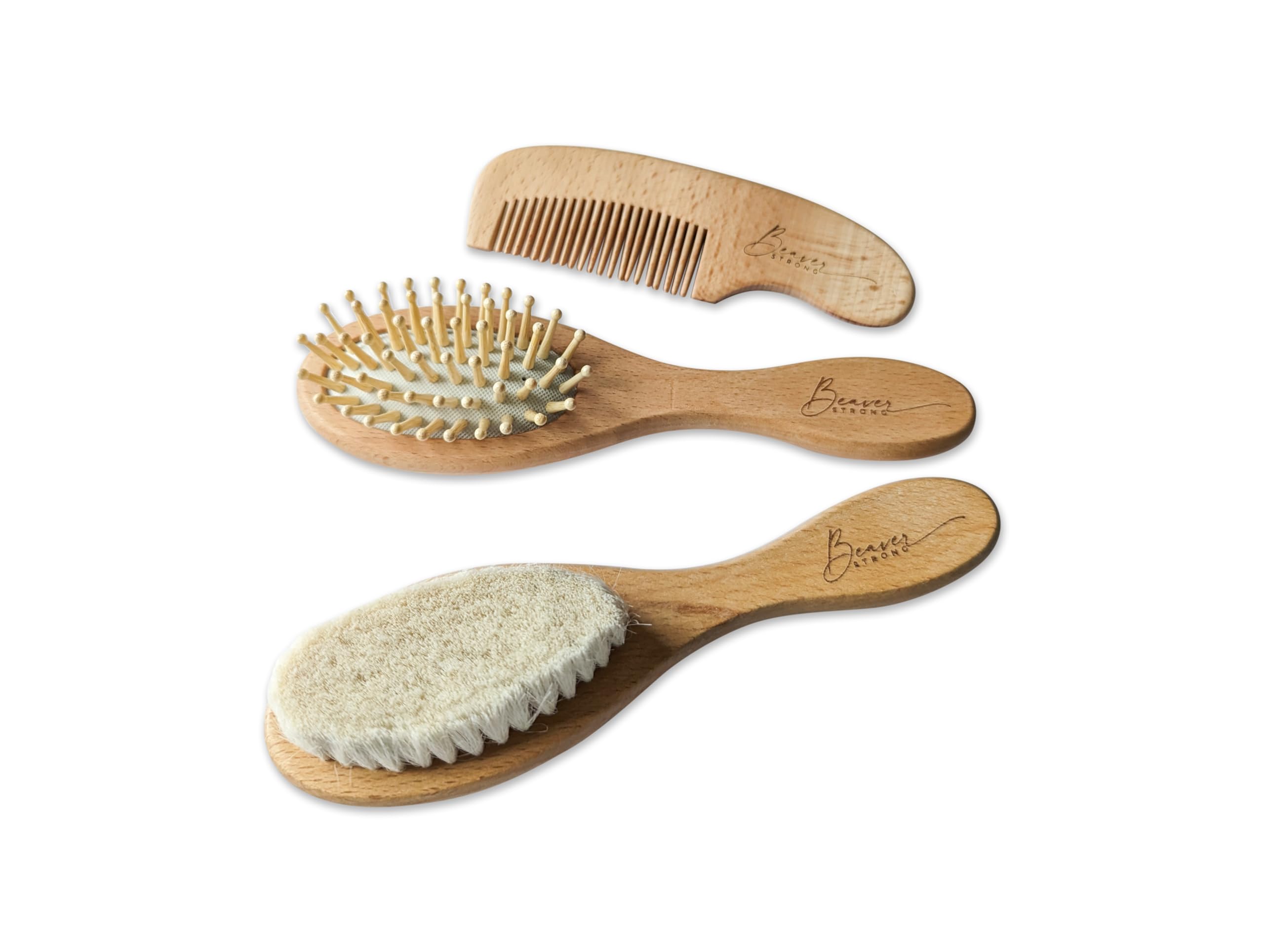 Juego de cepillo y peine de madera para bebé de cuidado suave – 2 cepillos y 1 peine para recién nacidos – Cerdas suaves, seguro y natural – perfecto para cabello y cuero cabelludo