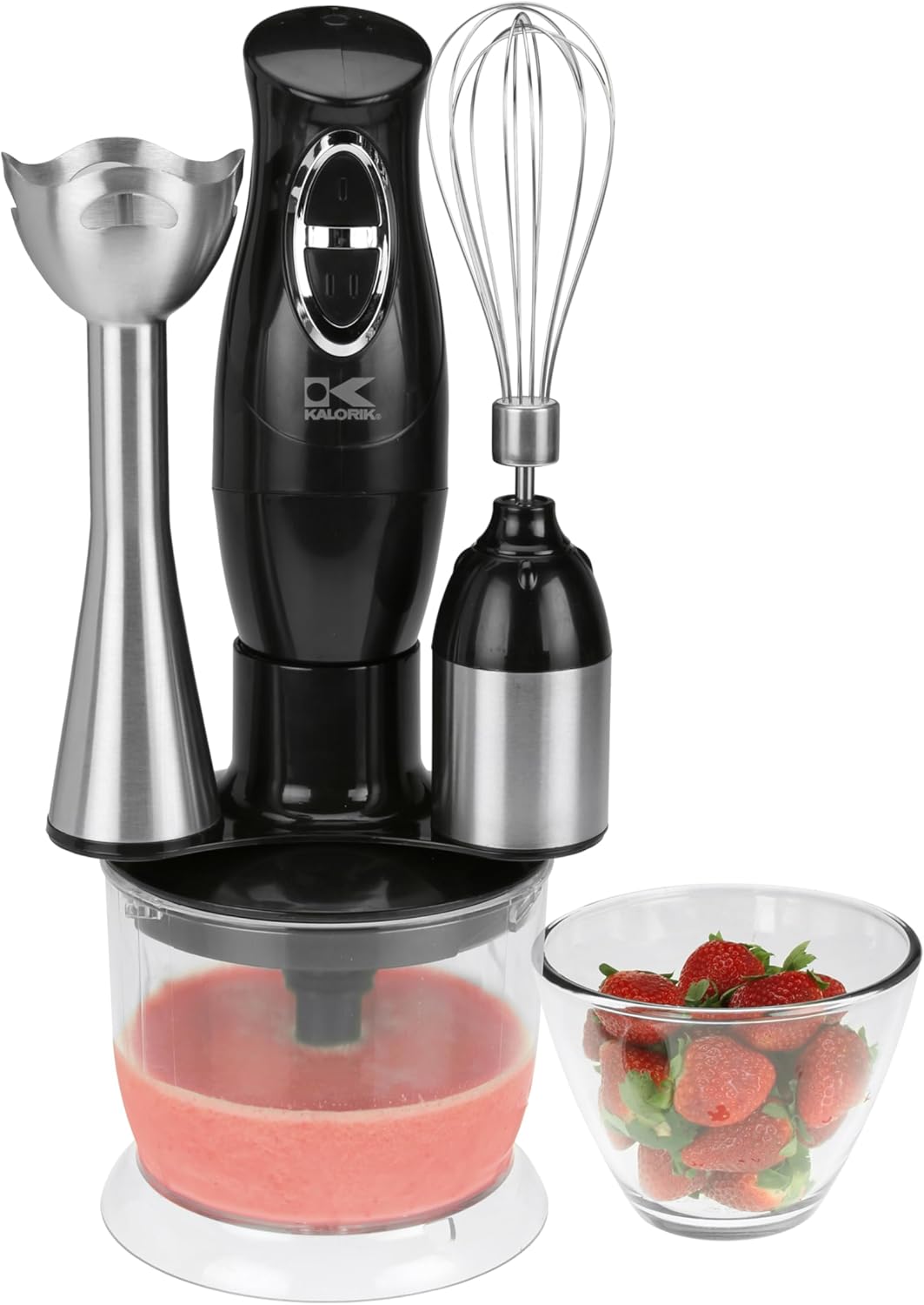 Kalorik Immersion Blender 3-in-1 Handheld Emulsion Combi Blender with Chopper Whisk and Stick Mixer Attachments Two Speed Switch and Stainless Steel Shaft and 20-Oz Mixing Cup, 200-Watts, Black