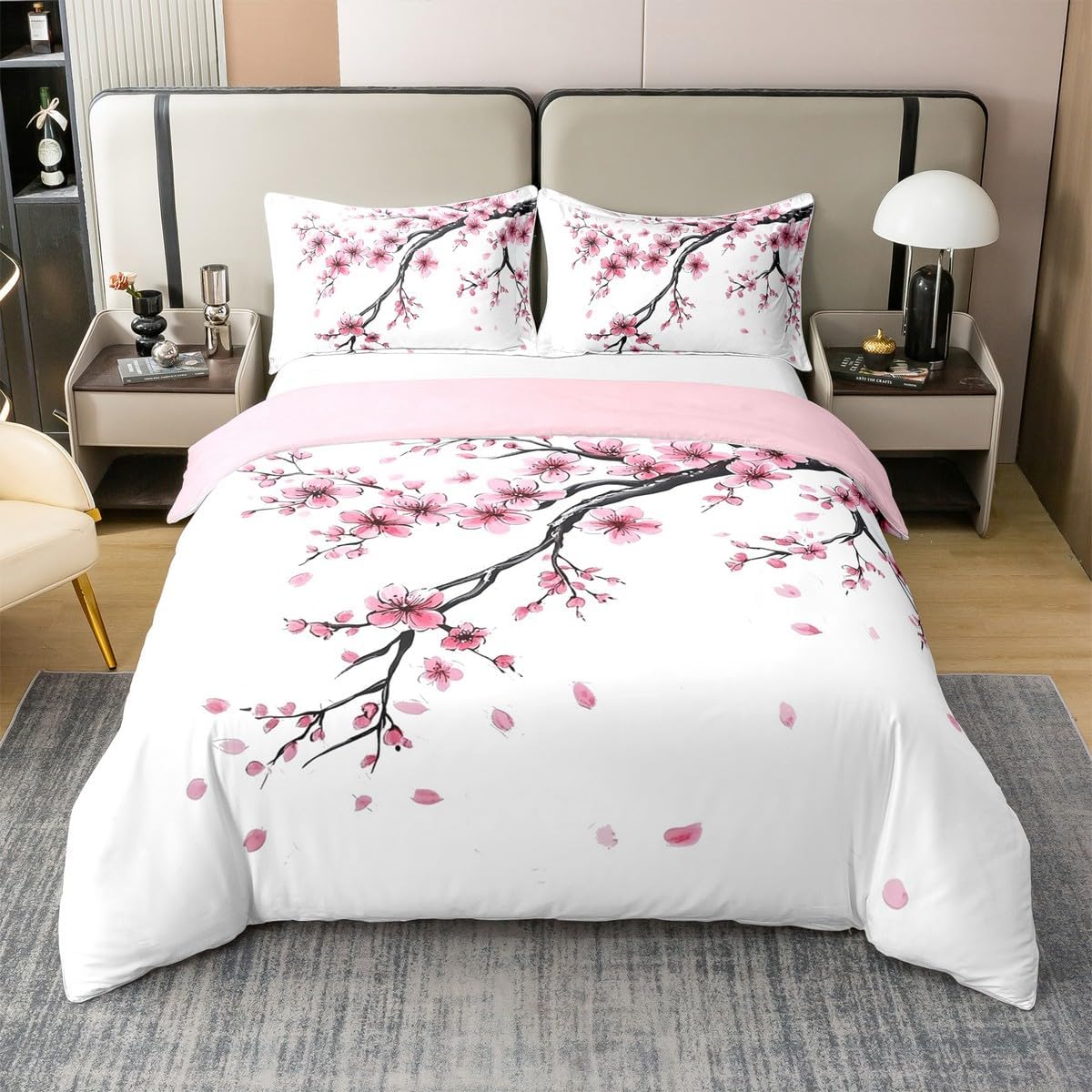 Manfei Cherry Blossom 100% Organic Cotton Duvet Cover Set Spring Pink Flowers Comforter Cover Set (Not Comforter) Floral Bedding Set Queen Size 3 Pcs