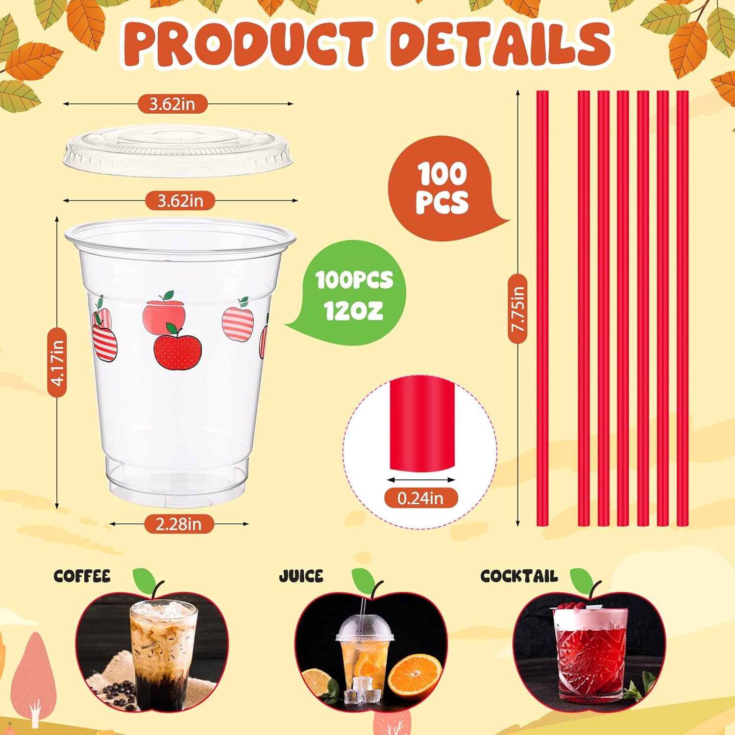 100 Pcs 12 oz Christmas Plastic Cups Apple Pattern Disposable Cups with Lids and Straws for Juice Water Milk Coffee Tea(Geometric Patterns Style)