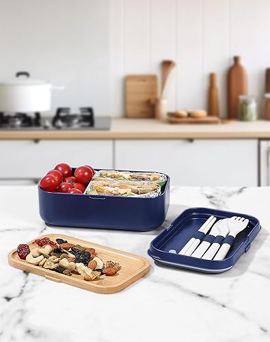 Miniatura 6 de invvni Lonchera Bento para adultos con utensilios para hombres y mujeres, color azul, tapa de bambú natural, palillos, apta para microondas,