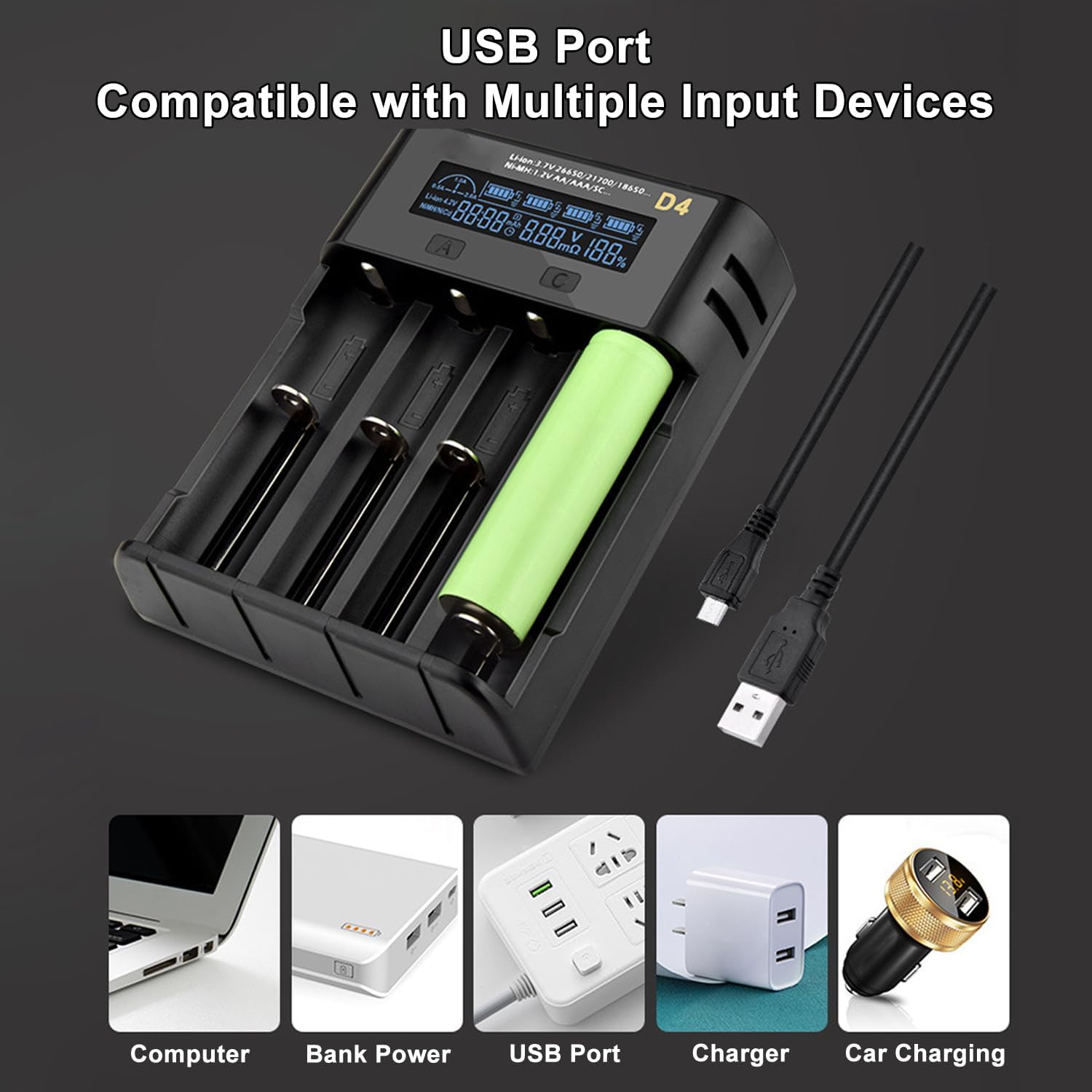 Treedix 4-Slot Smart Battery Charger for 18650 26650 21700 Li-ion/Ni-MH/Ni-CD, LCD Display with Auto Detection & Safety Protection