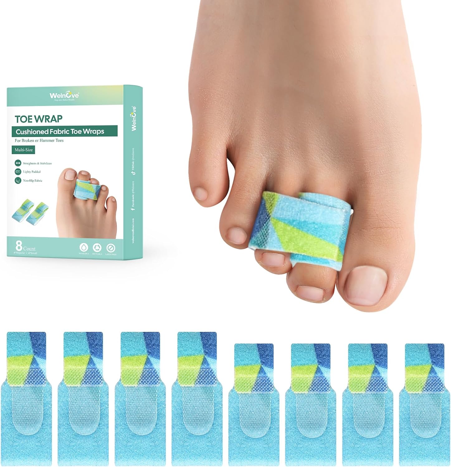 Welnove Hammer Toe Straightener Splints - 8 Pack Patterned Toe Wraps for Crooked Curled Bent Toes - Women Comfort Corrector Multi-Size