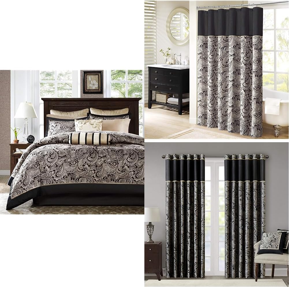 Bundle of Madison Park Aubrey Series (Comforter Set + Shower Curtain+ Curtains for Living Room)