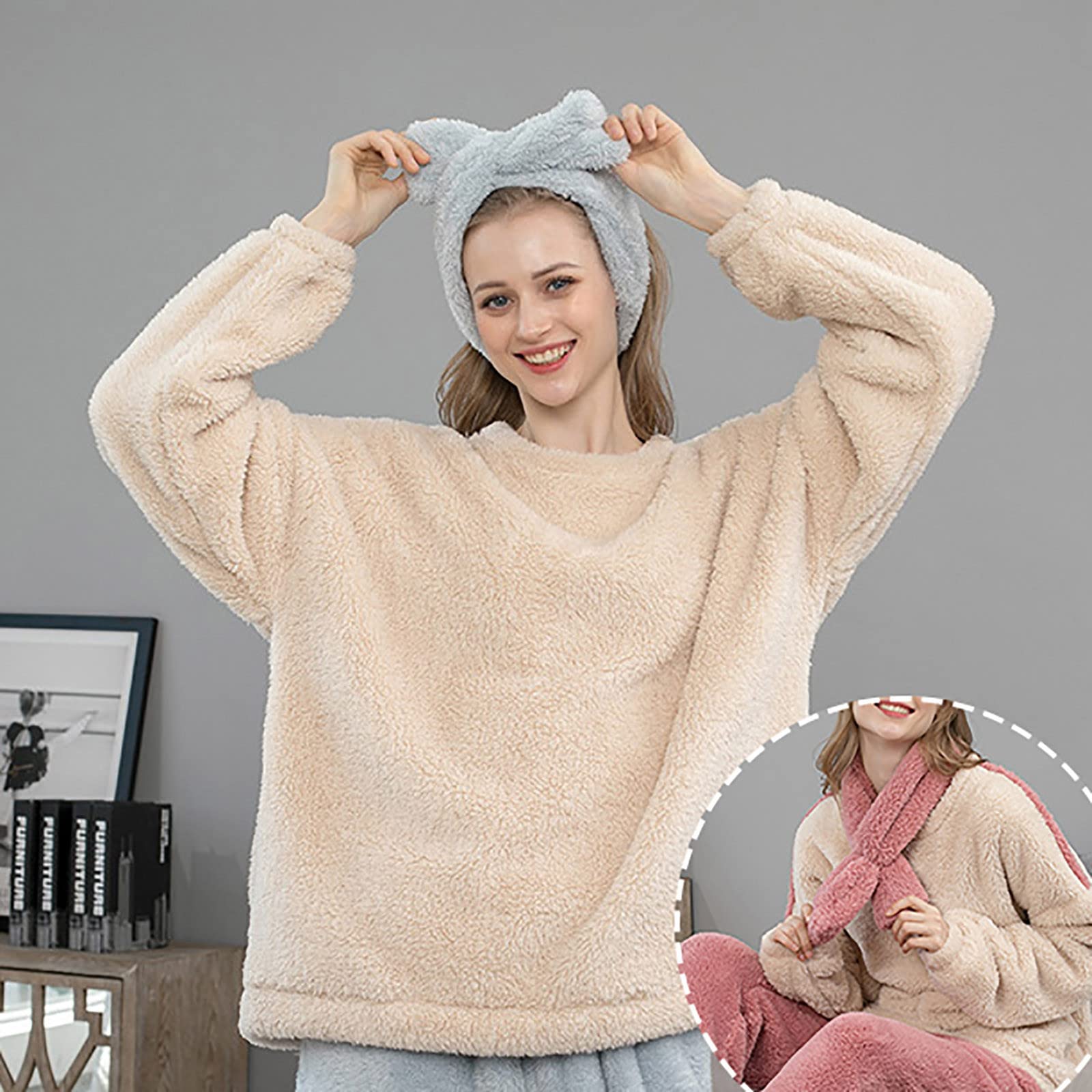 CMBSSTFC Pijamas de invierno para mujer, de forro polar, cálido y acogedor, pijamas térmicos de dos piezas, pantalones largos y camisetas de pijama, traje de jogging, conjunto de pijama de gran tamaño