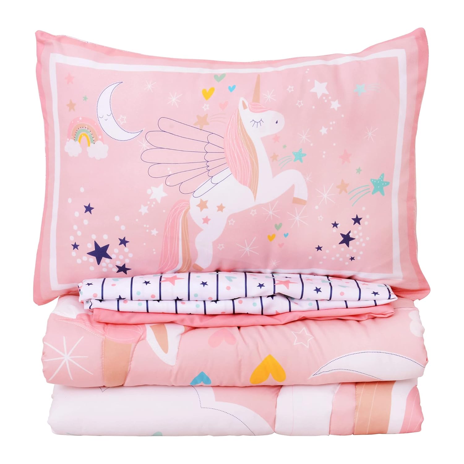 Cloele Pink Crib Bedding Set for Girls- 4 Piece Unicorns Baby Comforter Bed Set Includes Crib Skirt Quilt Fitted Sheet Toddler Pillowcase - Pink Soft Nursery Baby Bedding Set for Girls