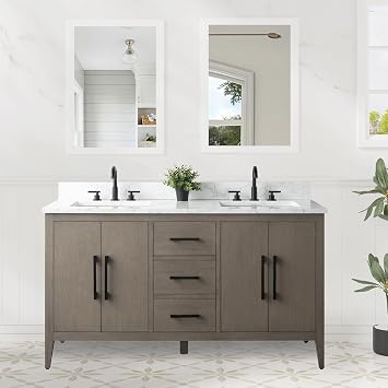 HomeBeyond 60 Inch Bathroom Vanity with Sink & Ceramic Top, Double Vanity Cabinet with Basin, Soft-Closing Doors & Matte Black Hardware, Driftwood Gray