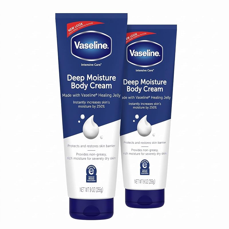 Creme corporal Vaseline Intensive Care Deep Moisture com vitamina E e geleia de petróleo, 255 g, pacote com 8