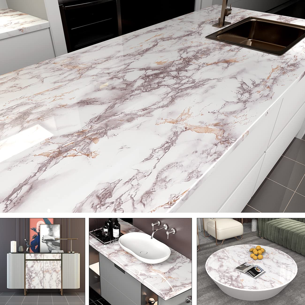 Papier peint effet marbre blanc brillant AbaBoorty 1016x40,1cm pour plan de travail cuisine