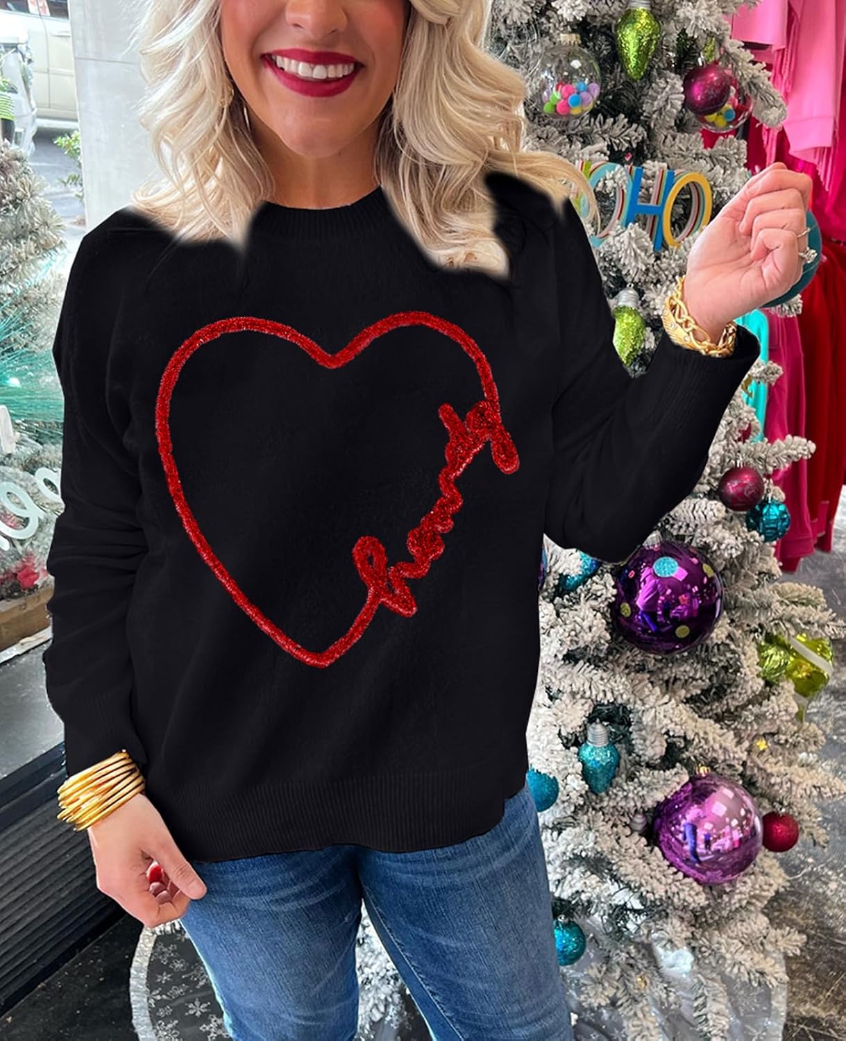 SELINK Women's Valentines Sweater Crew Neck XOXO Heart Print Casual Long Sleeve Pullover Tops Sweaters - Image 3