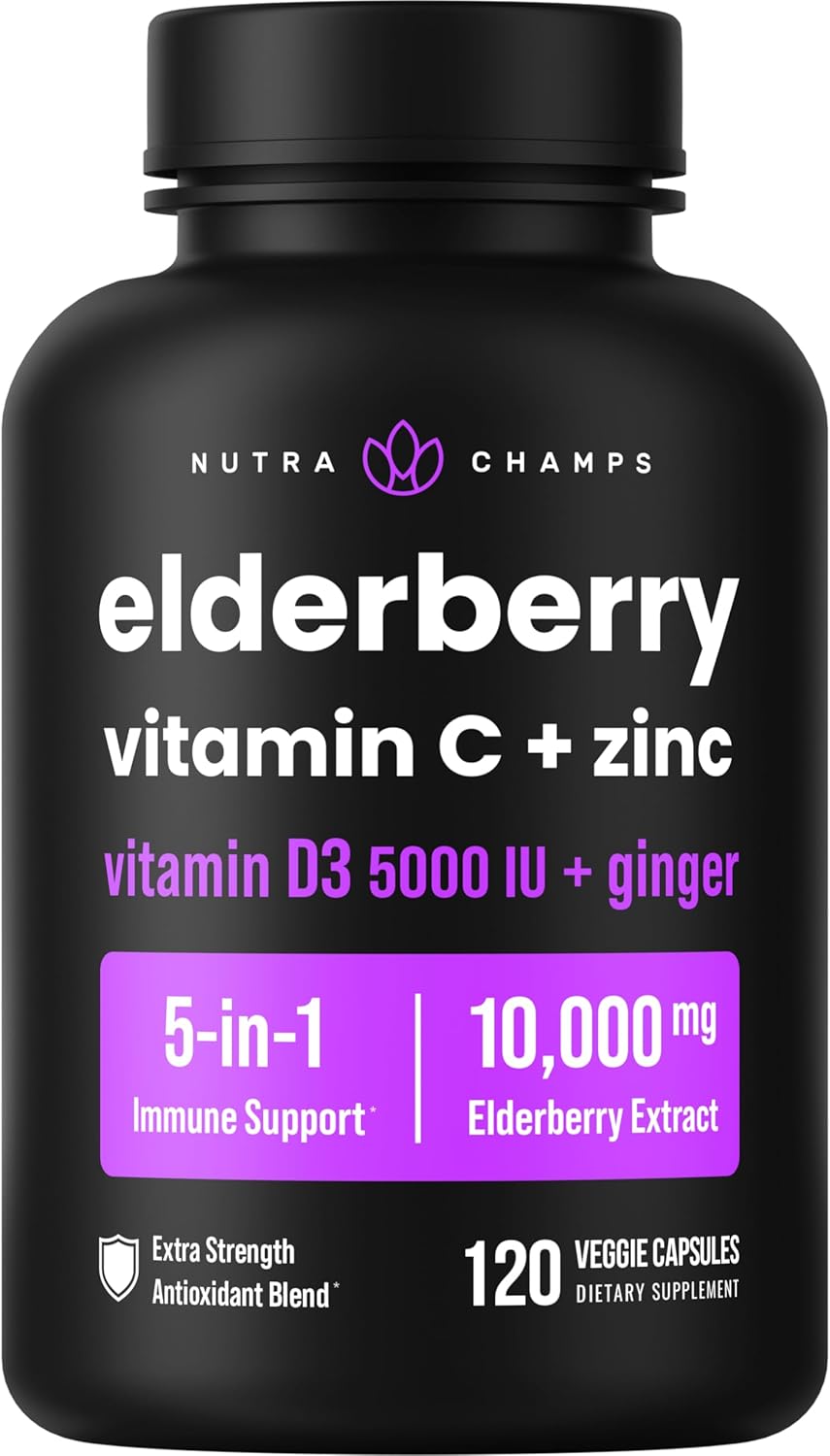 Elderberry Capsules | 10,000mg Sambucus Elderberry with Zinc and Vitamin C for Adults + Vitamin D3 5000 IU & Ginger | 5-in-1 Antioxidant Immune Support Supplement | 120 Elderberry Extract Capsules