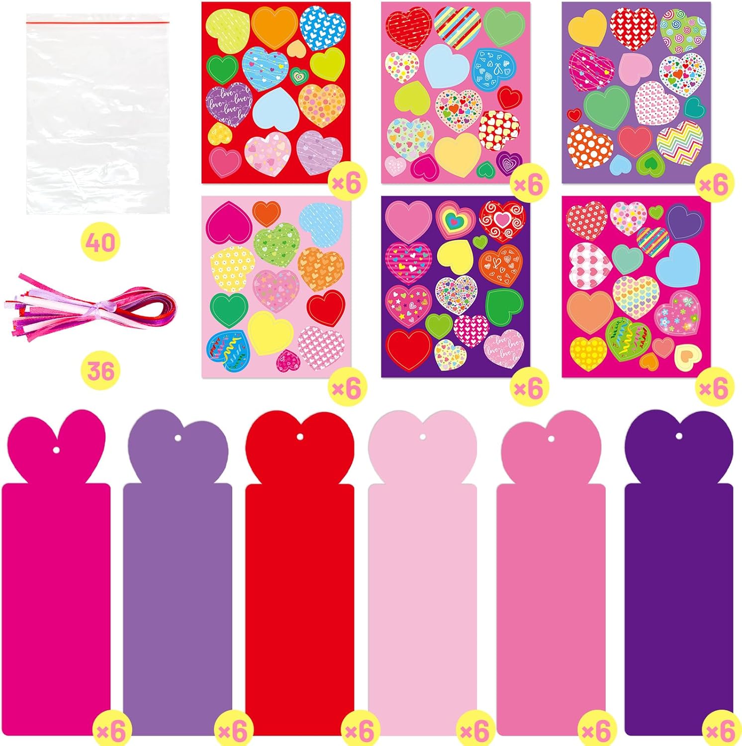 Fancy Land Valentine's Day Craft for Kids Valentines Bookmark Craft Kits DIY Bookmarks with Assorted Heart Stickers for School Classroom Activities Party Gift Exchange Favors 36 Sets