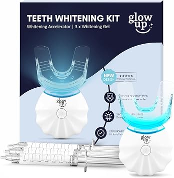 Glow Up Teeth Whitening Kit for Sensitive Teeth with Blue LED Light, 10-Minute Instant Tooth Whitener Set with 3 5ml Syringes of 35% Carbamide Peroxide Mint Flavored Gel & Tray Case