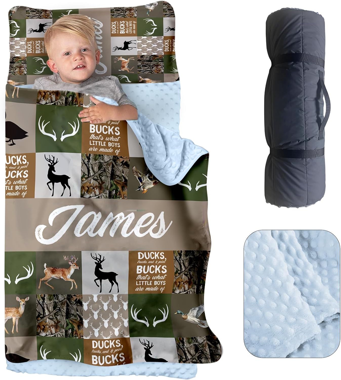 Personalized Toddler Nap Mat for Preschool, Custom Name Kids Nap Mat with Pillow Cover and Soft Dot Minky Blanket, Daycare Nap Mats, Rolled Slumber Bags Easy to Carry