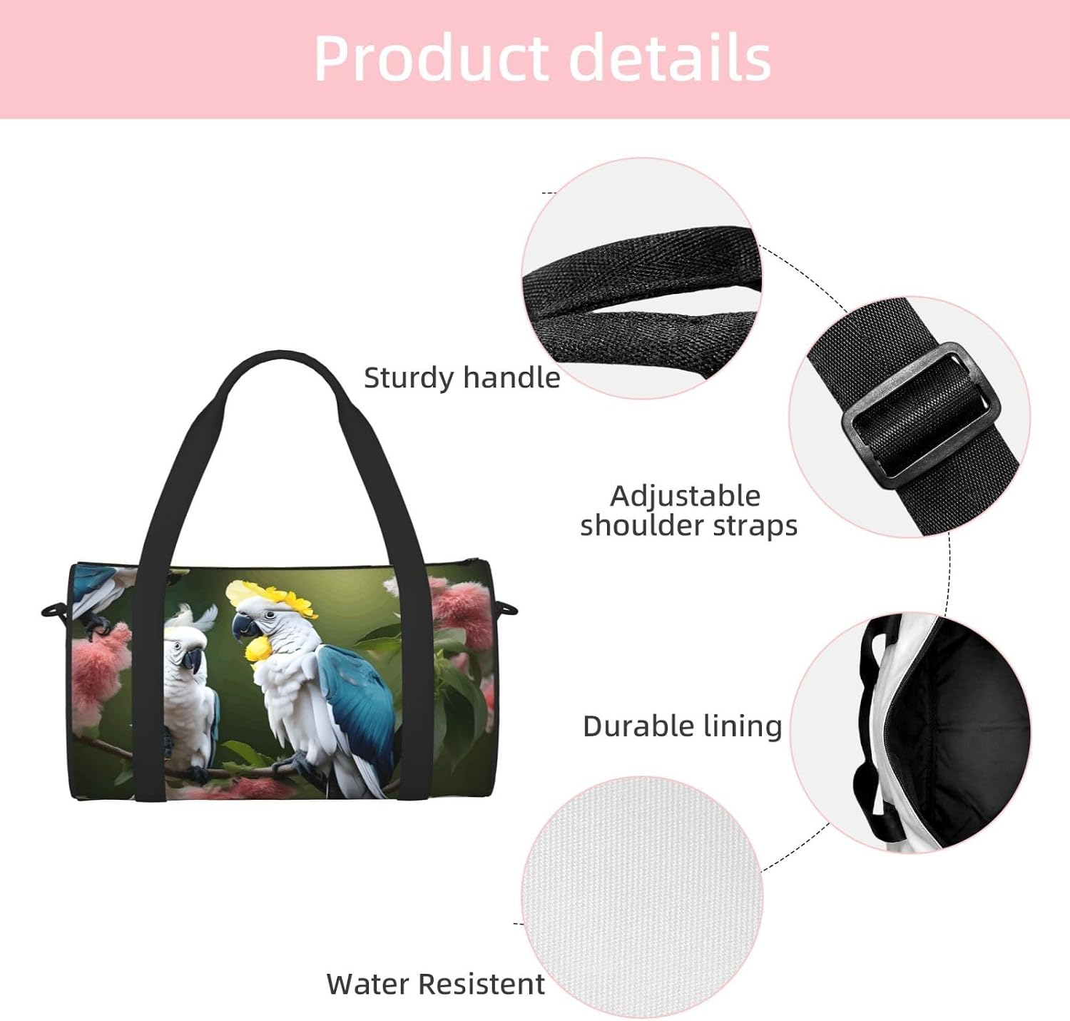 Beautiful Cockatoo Bird Flower Print Sports Tote Bag Lightweight Water-Resistant Gym Backpack Travel Supplies