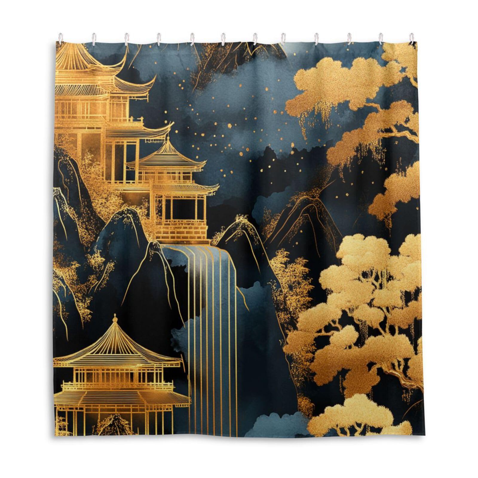 Rideau de douche paysage chinois 168x183cm en tissu imperméable avec crochets