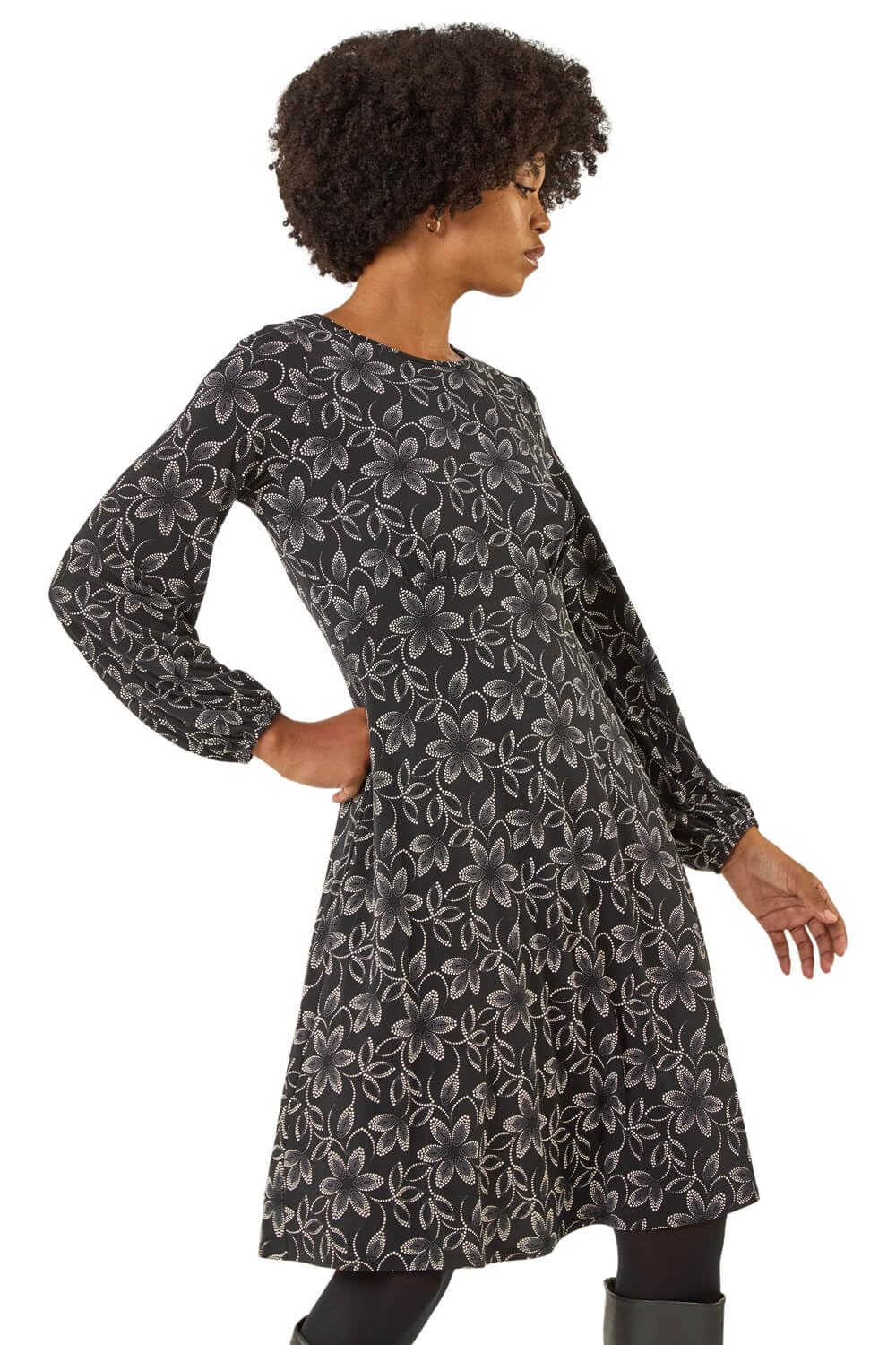 Roman Women Gathered Chest Dress Ladies Stretchy Fit & Flare Swing Tea A Line Skater Knee Length Long Sleeve Midi Smart Casual Work Going Out Cocktail Party - Noir - Size 20