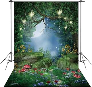 INRUI Enchanted Forest Photography Background Magic Mushrooms and Fairy Lanterns Spring Forest Backdrops for Children Kid's Birthday Party (5x7FT)