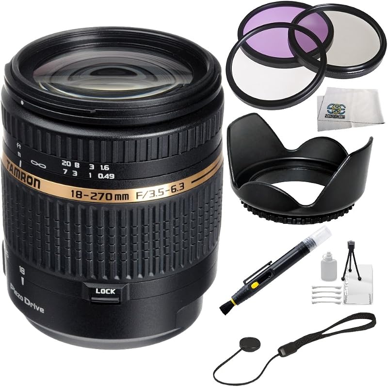 AF 18-270mm f/3.5-6.3 Di II VC PZD LD Aspherical IF Macro Zoom Lens for Canon Accessory Kit - Includes 3 Piece Professional Filter Kit (UV,CPL,FLD) & More - International Version (No Warranty)