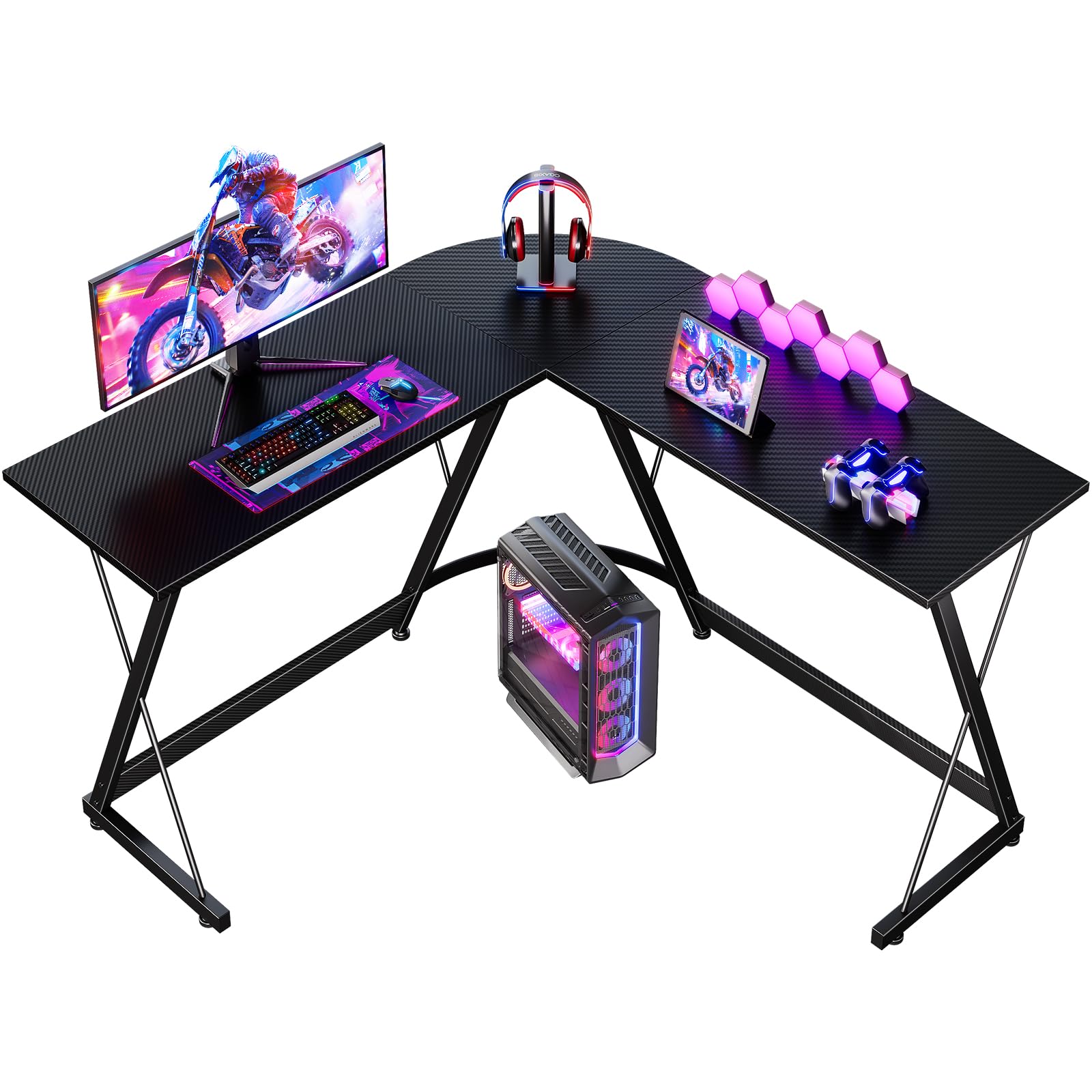 ODK L Shaped Gaming Desk, 120×120 cm Corner Computer Desk for Gaming, Home, Office, Carbon Fibre Black