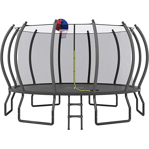 8FT 10FT 12FT 14FT 15FT 16FT Outdoor Trampoline with Enclosure Net and Ladder, Recreational Trampolines for Kids and Adults, Quick Connect Frame, ASTM Approval