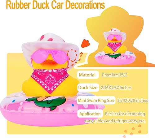 Miniatura 5 de Decoración de tablero de pato amarillo de pato de vaquero para automóvil, adornos de pato con mini sombrero de vaquero, bufanda, lentes de sol,