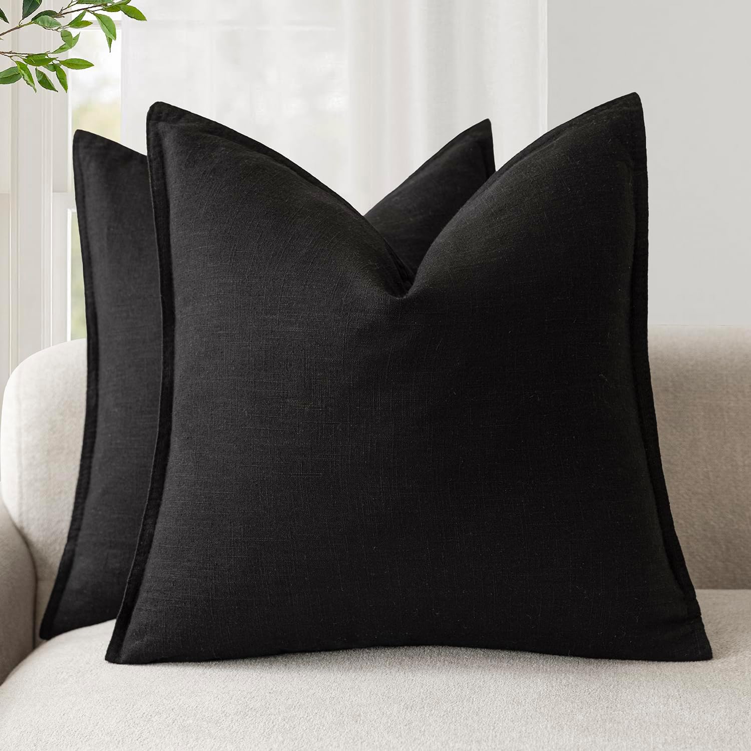 Foindtower Pack of 2, Decorative Linen Soild Throw Pillow Covers Soft Accent Cushion Case Boho Farmhouse Neutral Pillowcase for Chair Couch Sofa Bedroom Living Room Home Decor 22 x 22 Inch Black