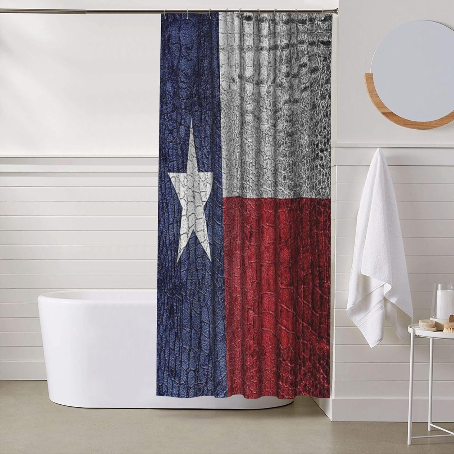 Western Shower Curtain, Texas State Flag On Snake Skin Patriotic Shower Curtains for Bathroom Decor with 12 Hooks, Navy White, 66x72 Inch