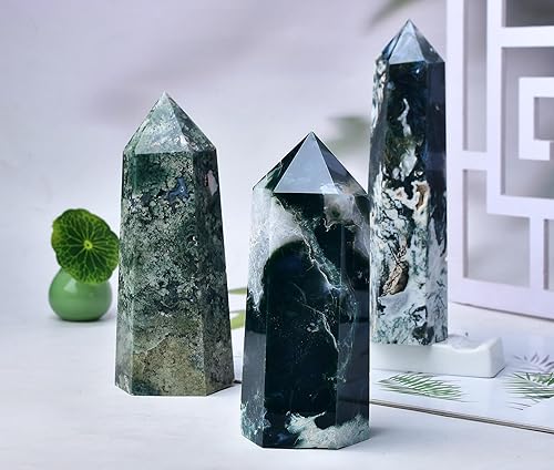 Miniatura 5 de Torres grandes de ágata musgo, obelisco de punta de cristal verde, 6 facetas curativas, varita de piedra de cristal para regalo de meditación,