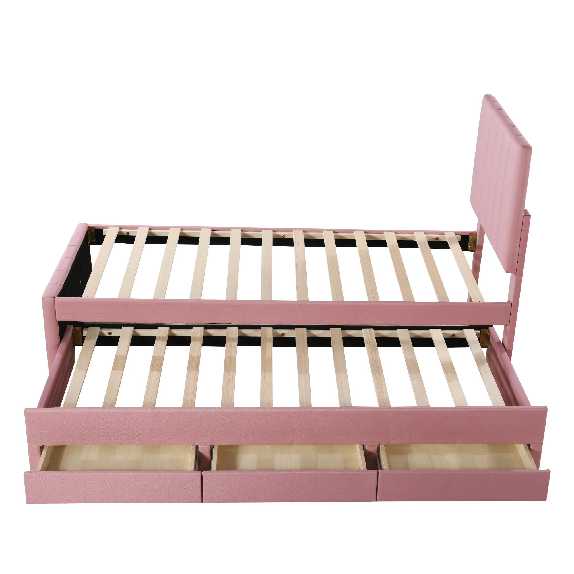 Cama tapizada de 90 x 200 cm con cama plegable y cajones de almacenamiento, acolchado de lino respetuoso con la piel, cama individual, cama infantil, cama juvenil, cama de invitados (rosa)