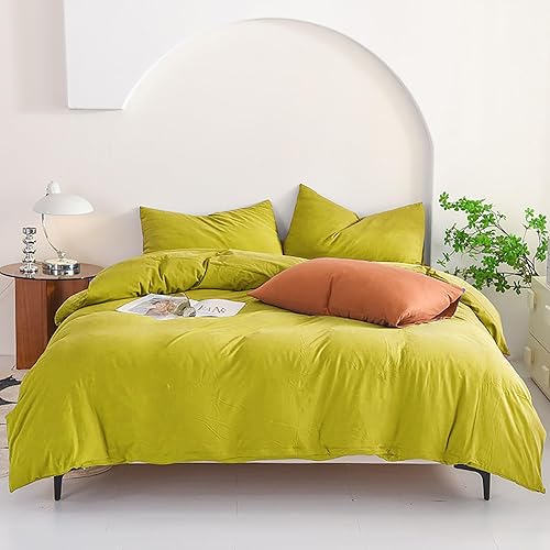 Luxlovery Chartreuse Juego de edredón moderno en color verde musgo amarillento, juego de cama de 3 piezas, suave y respirable, tamaño California King
