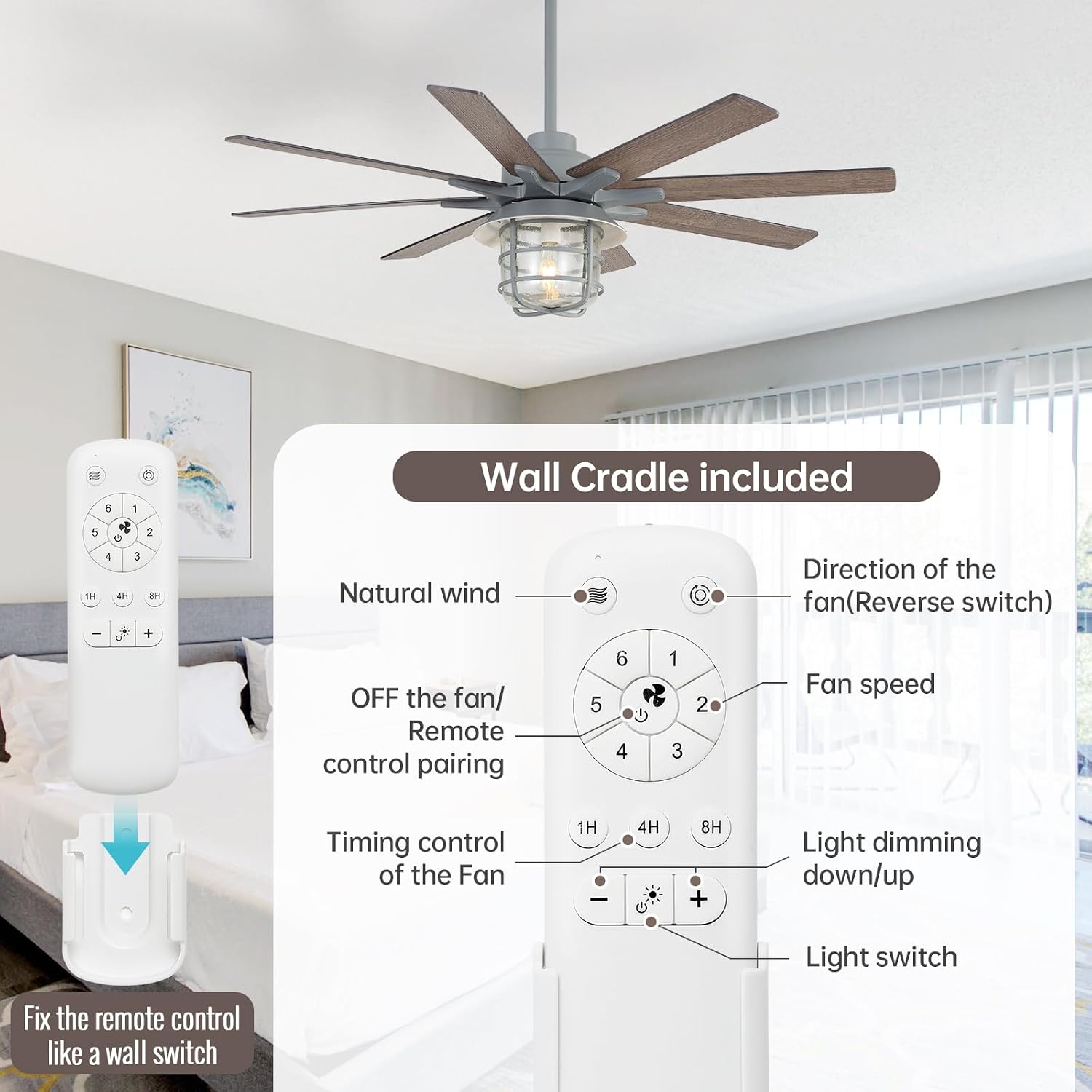 52-Inch Large Ceiling Fan with 8 Plywood Walnut Colored Blades,Quiet DC Motor,Glass Lampshade,3 Color Temperature,Cement Grey