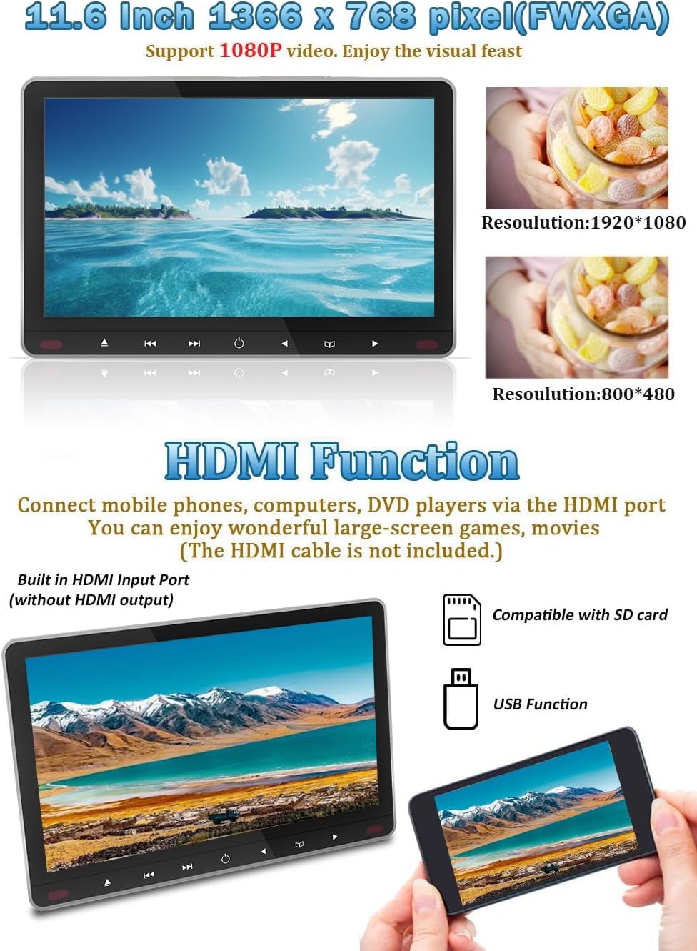 11.6" Car Headrest DVD Player with HD IPS Screen – Suction Mount, Built-in Speakers, 1080P Playback | Supports HDMI Input, USB/SD Card, AV in/Out | IR Headphones, Region-Free, Memory Function image 3 of 8 B0F2SD92RB