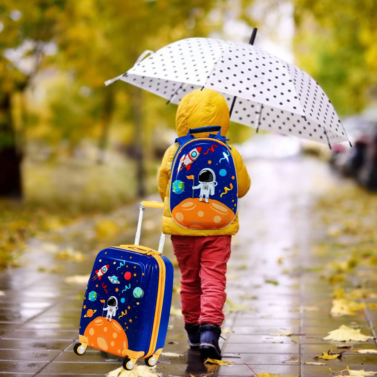 GOPLUS Set di 2 Pezzi da Viaggio, Valigia e Zaino per Bambini, Valigetta con 4 Ruote, Rosa/Blu, con Disegni Multicolore e Carini (Astronauta)
