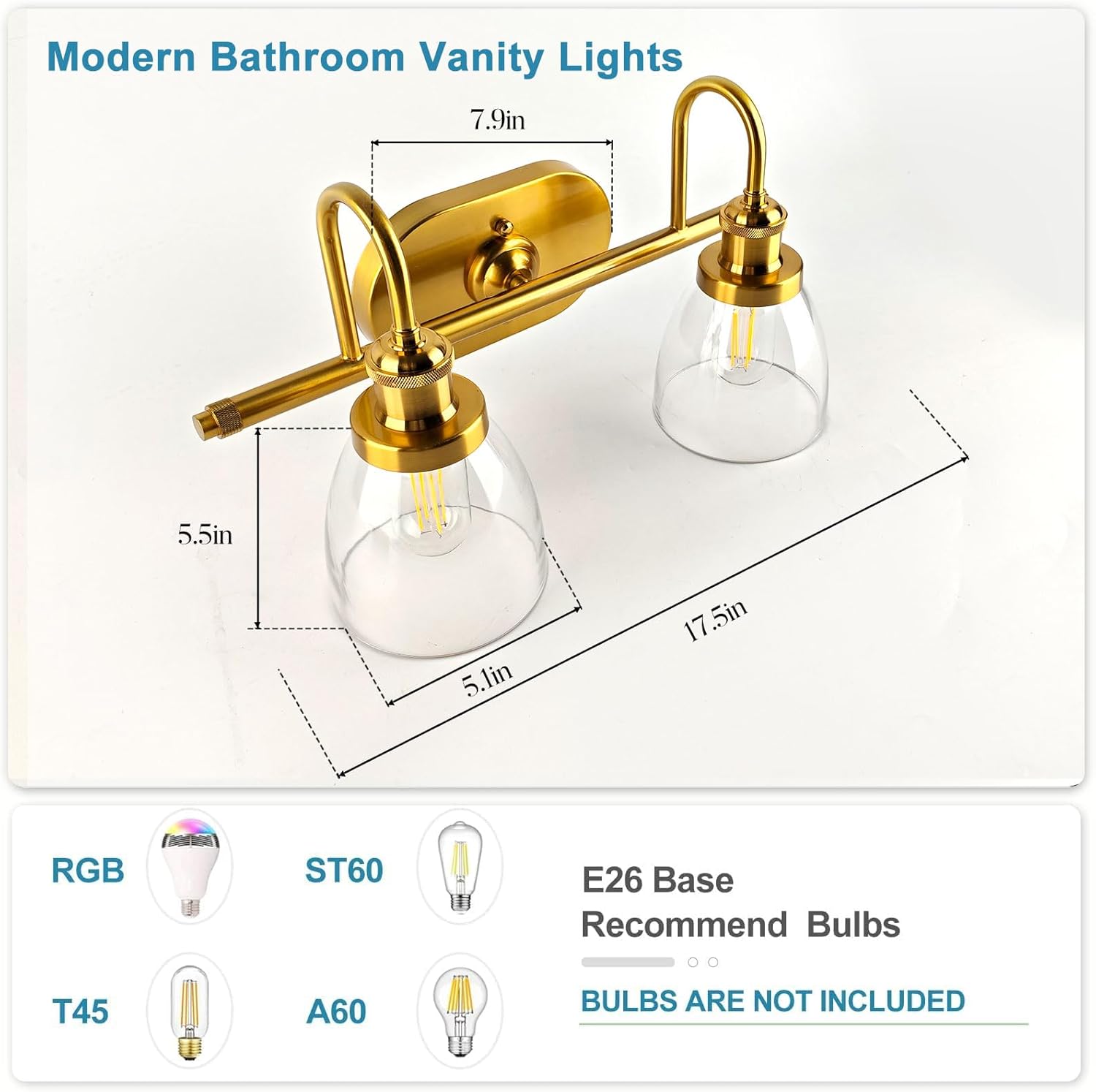 Lightdot Brushed Nickel Bathroom Light Fixture, 17.5IN 2-Light Bathroom Vanity Light with Clear Glass Shades, 60W Max/120V Modern Gold Vanity Lights for Mirror Kitchen Living Room, E26 Base-Gold