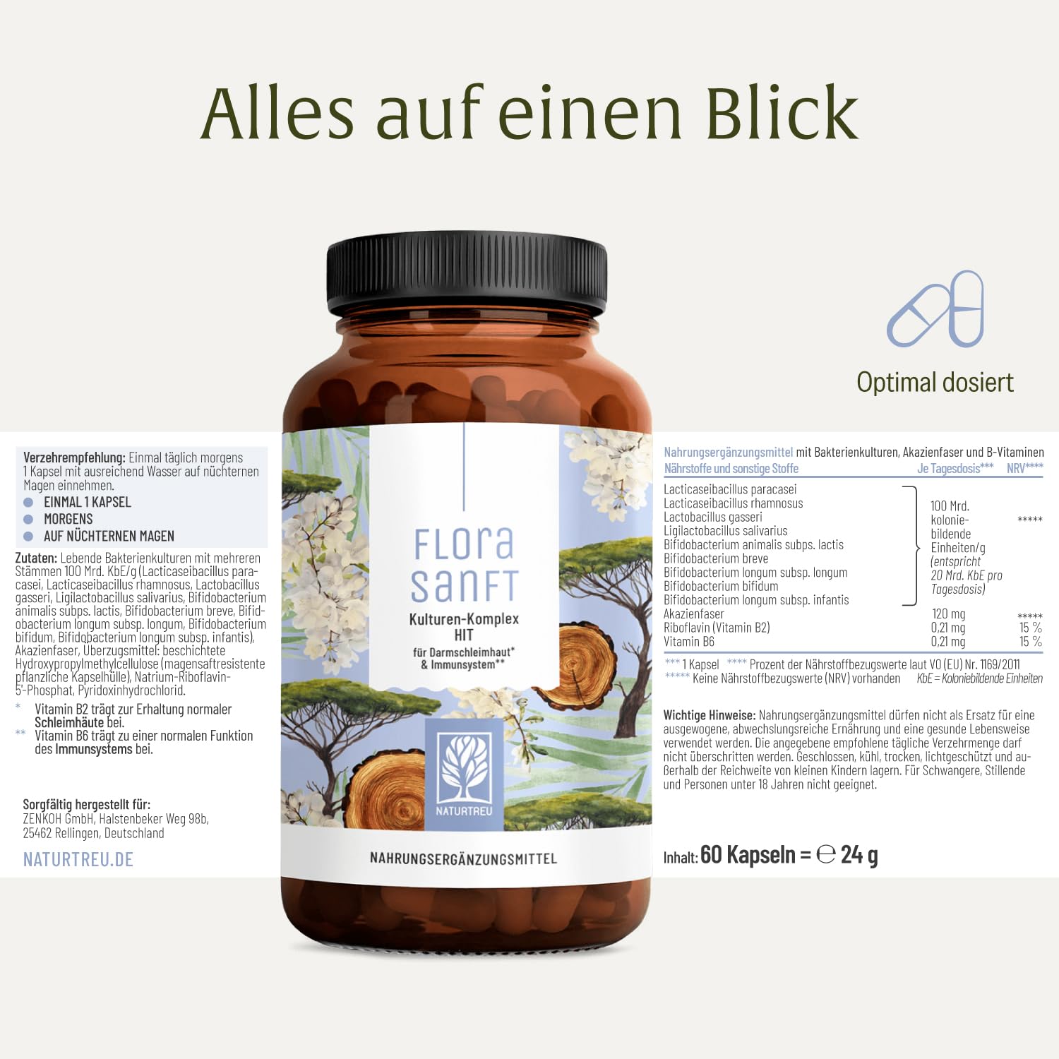 NATURTREU Kulturen-Komplex HIT + FI mit Lactobacillus & Bifidobakterien, auch bei Histaminintoleranz & Fructoseintoleranz, 60 magensaftresistente Kapseln, ergänzt durch Vitamin B2 und Vitamin B6