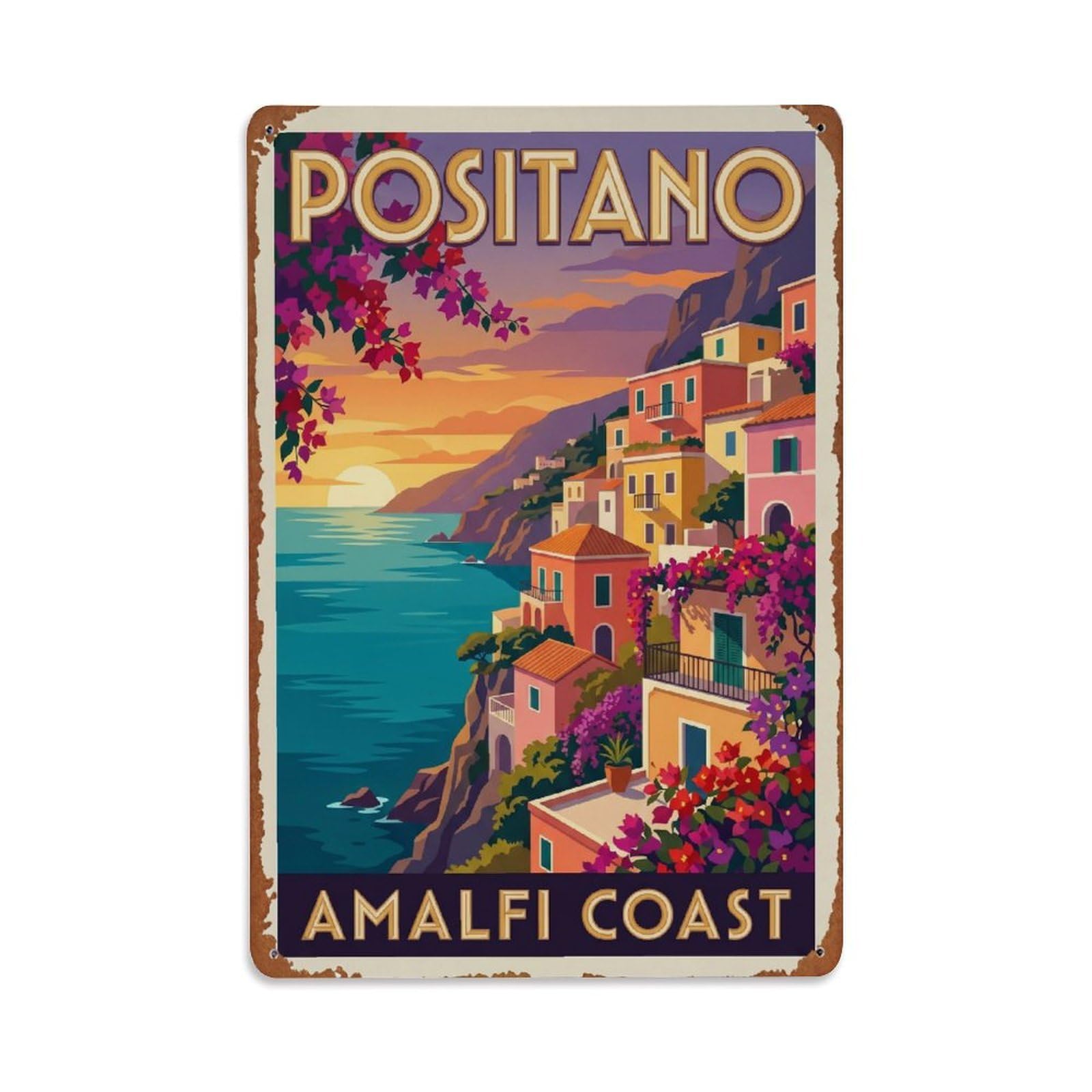 Vintage Travel Positano Italy Coastal Metal Tin Sign