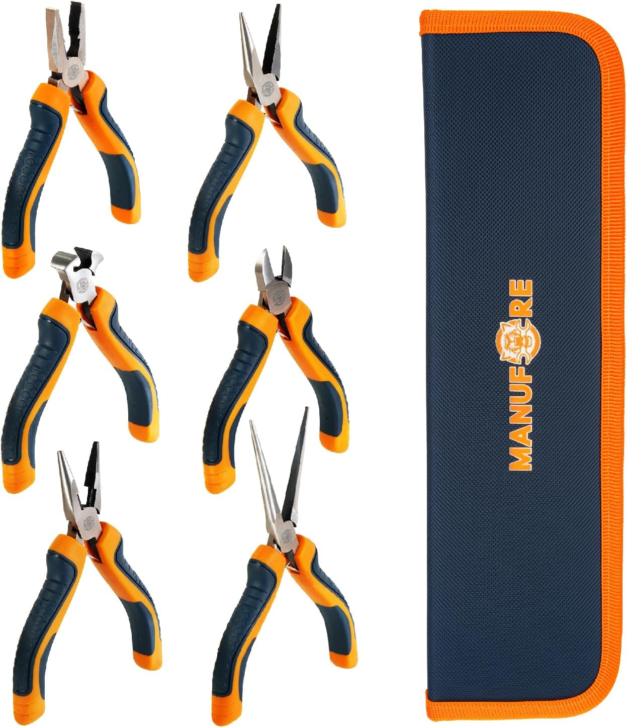 MANUFORE 6-Piece Mini Pliers Set — Needle Nose, Long Nose, Diagonal, Flat Nose, End Cutting & Linesman Pliers for Precision DIY, Electronics Repair, Jewelry Making & Crafting