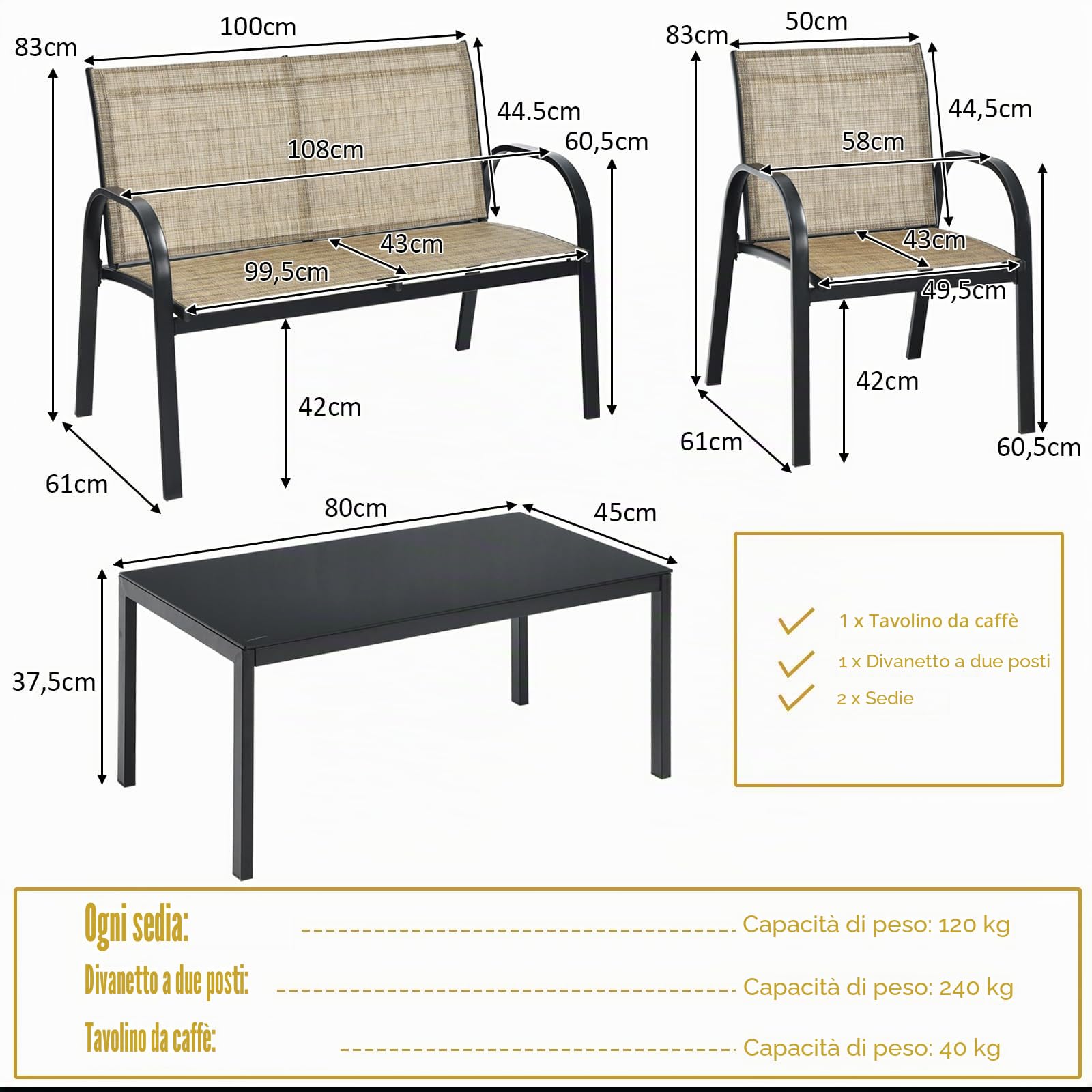 KOMFOTTEU Set di 4 mobili da giardino per 4 persone, set da giardino con 2 sedie e 1 panca e 1 tavolino da caffè, set di mobili da terrazza per piscina, cortile (marrone), QF54737IBDE
