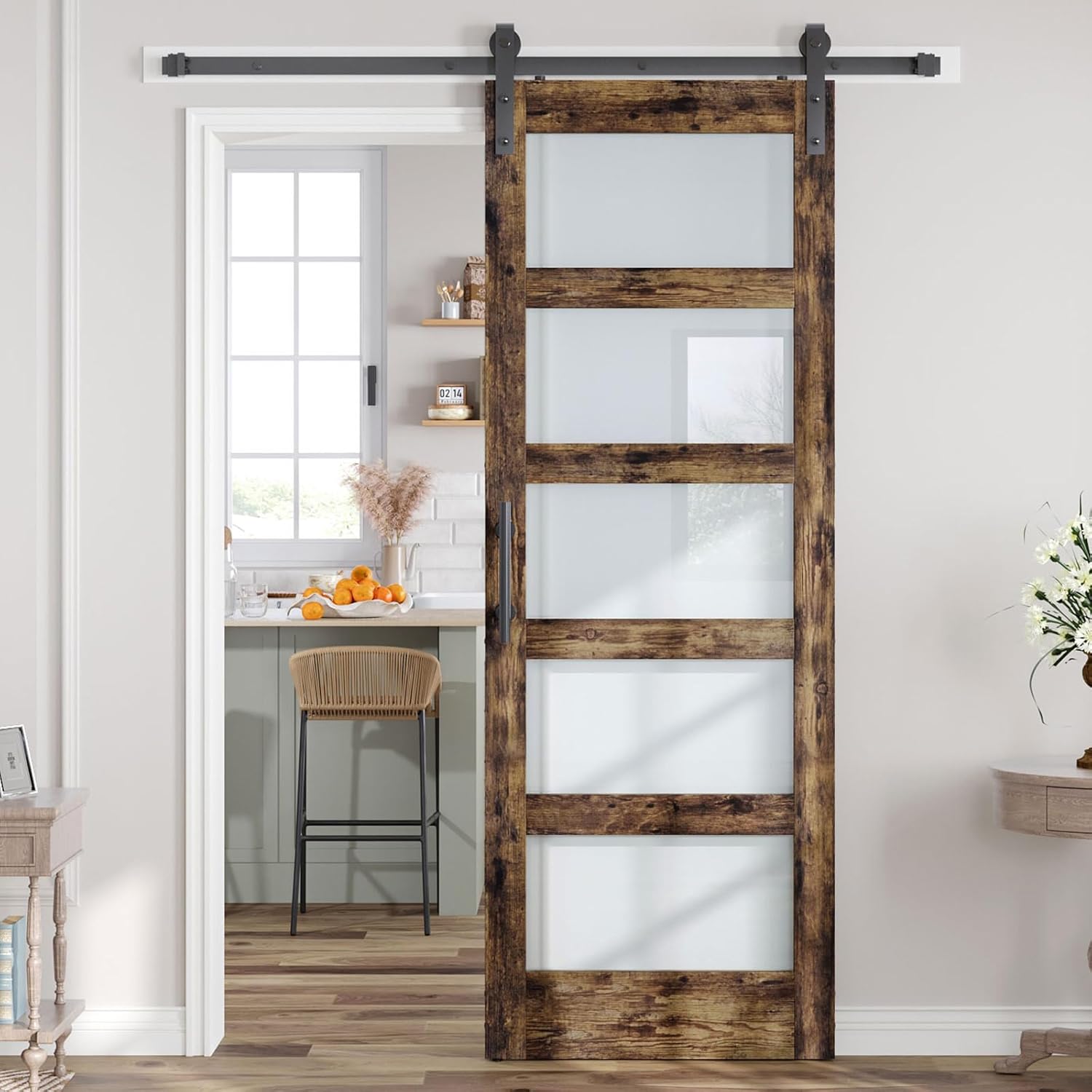 32x84 Inch Glass Sliding Barn Door Slab and 5.5ft Hardware Kit Included, 5 Frosted Glass, LVL Wood Panel Covered with Brown Water-Proof Scratch-Proof PVC Surface, Simple DIY Assembly 32"x84" Doors + 5.5' Track Kit Brown