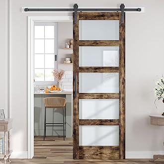 30x84 Inch Glass Sliding Barn Door Slab and 5.5ft Hardware Kit Included, 5 Frosted Glass, LVL Wood Panel Covered with Brown Water-Proof Scratch-Proof PVC Surface, Simple DIY Assembly