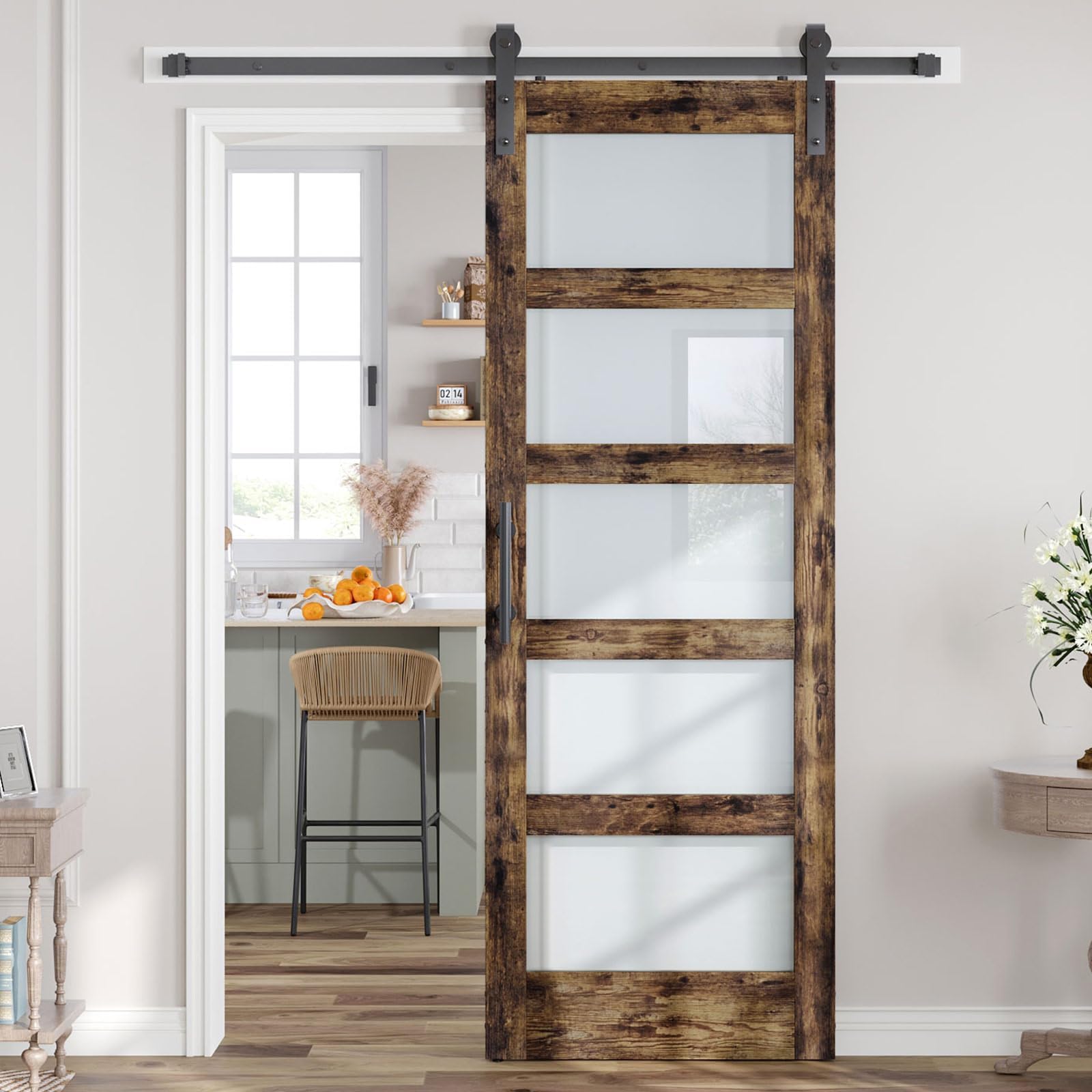 30x84 Inch Glass Sliding Barn Door Slab and 5.5ft Hardware Kit Included, 5 Frosted Glass, LVL Wood Panel Covered with Brown Water-Proof Scratch-Proof PVC Surface, Simple DIY Assembly