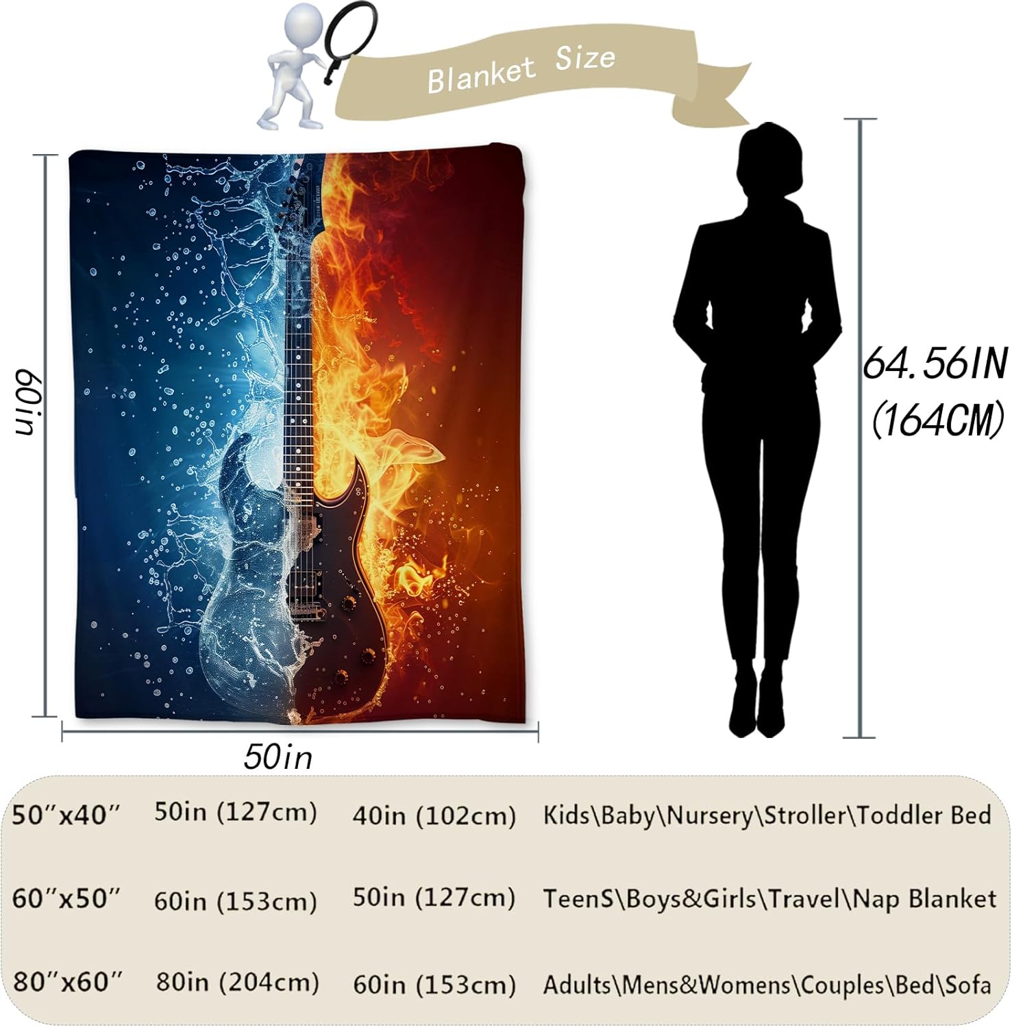 Guitar Throw Blanket, Fire & Water Design, Soft Cozy Lightweight Flannel Blankets Ideal for Couch, Bed, Travel, Outdoor & Home Decor, Warm Fluffy Fuzzy Blanket for Adults Kids 60×50 in