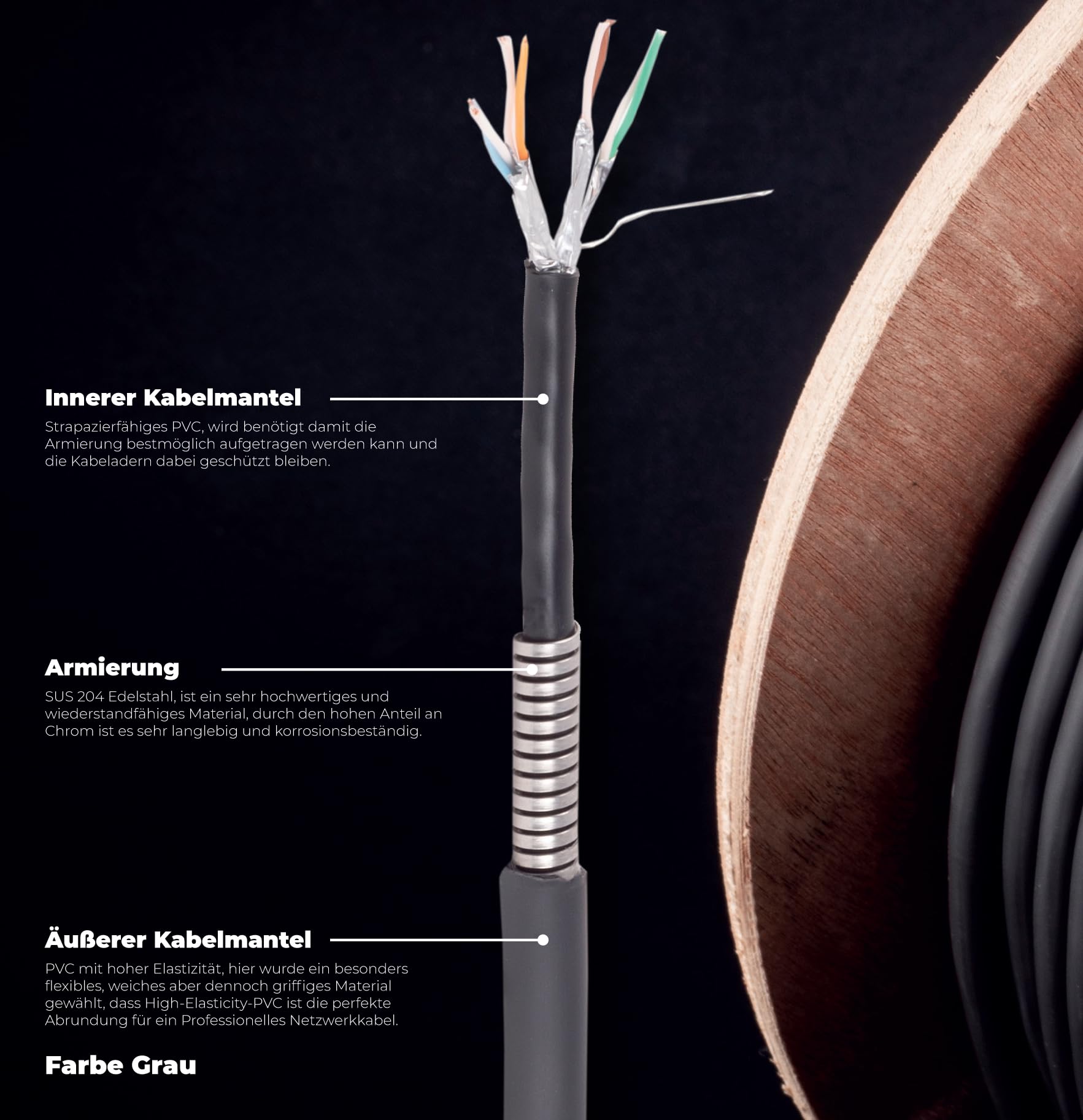 1aTTack.de - 1 X 15m Cat6a Netzwerkkabel FLEX ARMOR mit Edelstahl Armierung, extrem robust und flexibel, trittfest, geeignet für Kameratechnik, Lichttechnik, Bühnentechnik etc. Grau