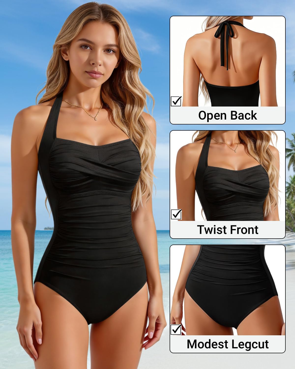 Tempt Me Women Tummy Control One Piece Swimsuits Push Up Slimming Bathing Suits Halter Vintage Swimwear
