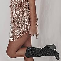 Vista 5 de RKQ Rhinestone Cowboy Boots for Women Wide Calf Sparkle Western Cowgirl Boots Vintage Pointed Toe Pull-UP Tabs Block Stacked Heel 5cm Wedding Party