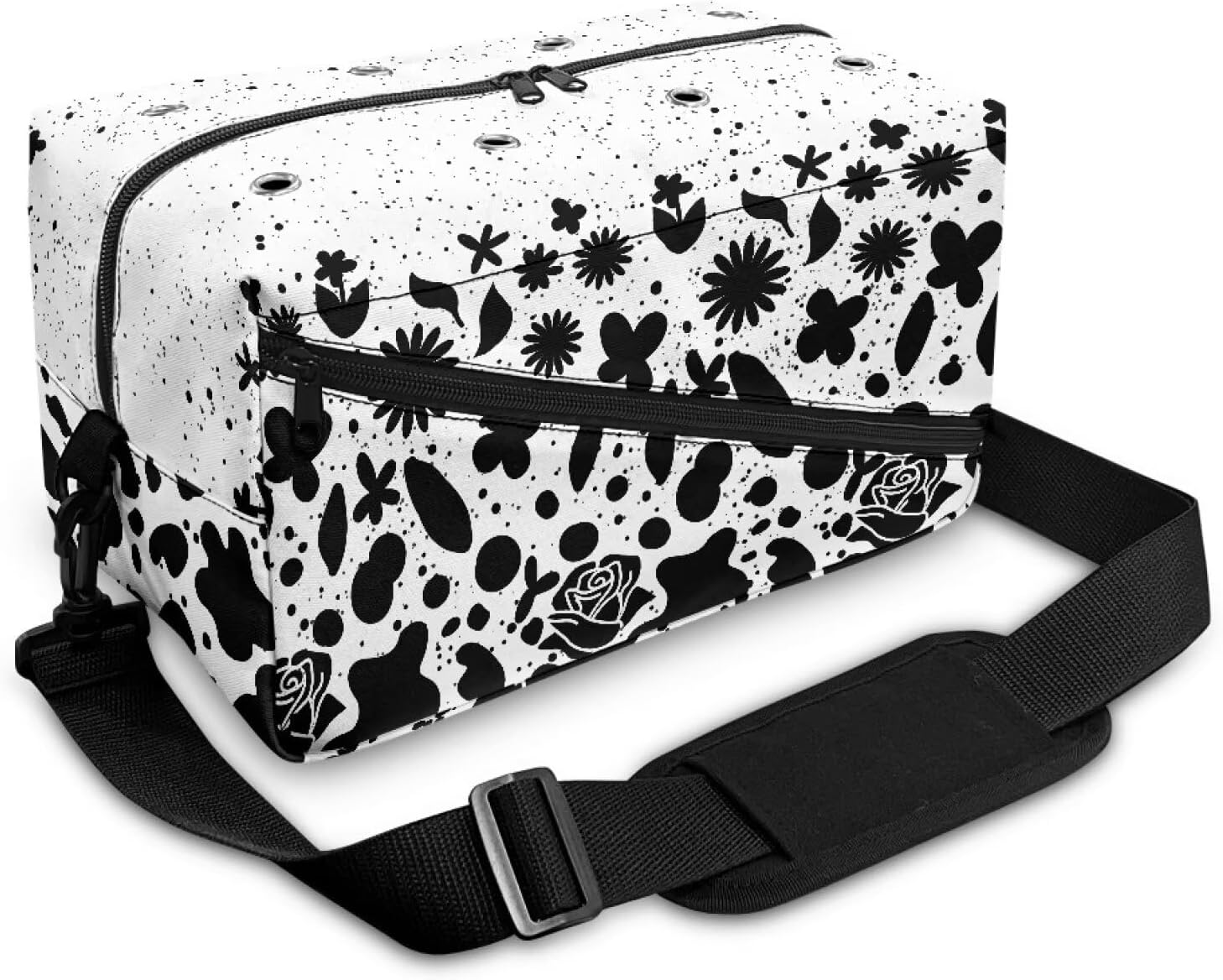 LJMKZJN Crochet Storage Bag High-Capacity Crochet Bag Knitting Bags with Two Inside Pockets Traveling Crochet Bags Yarn Bag for Crochet Hooks, Needles and Accessories, Black Floral Print