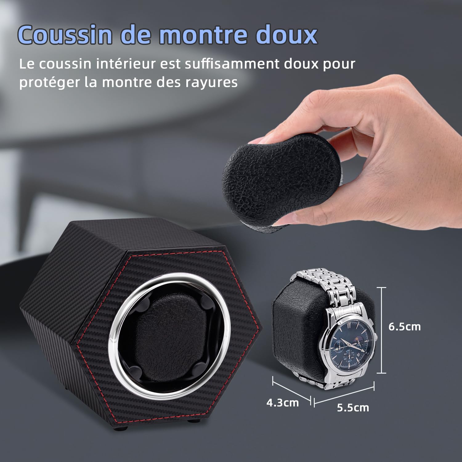 Mcbazel Remontoir de Montre Automatique Rotatif 1 Slot - Boîte Hexagonale en Cuir PU avec Port Type-C - Fibre de Carbone
